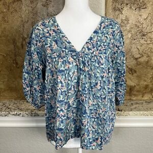 MIRTH Blouse Size XS Blue V Neck Ruffled Cotton Hand Made India Boho *Flaw